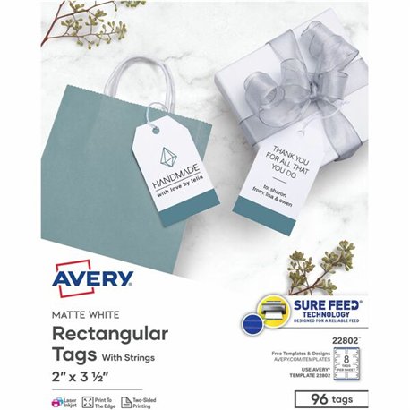 Avery Printable Tags with String - 2" Length x 3.50" Width - Rectangular - String Fastener - 96 / Pack - Card Stock - White, Mat