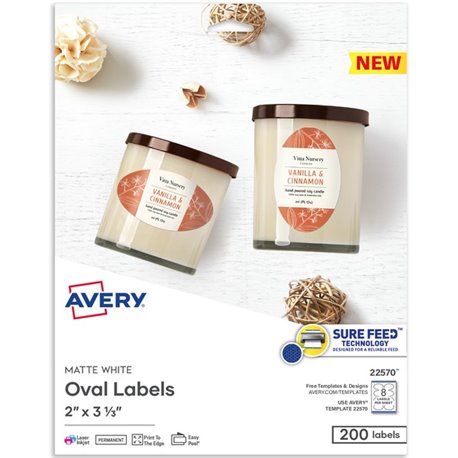 Avery Matte White Sure Feed Labels - 2" Width x 3 21/64" Length - Permanent Adhesive - Oval - Laser, Inkjet - White - Paper - 8 