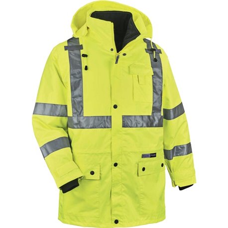 GloWear 4-in-1 High Visibility Jacket - Small Size - 36" Chest - Zipper Closure - Polyurethane, Polyurethane - Lime - Weather Pr