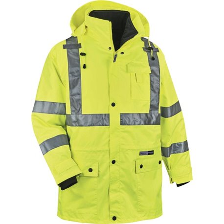 GloWear 4-in-1 High Visibility Jacket - 4-Xtra Large Size - 58" Chest - Zipper Closure - Polyurethane, Polyurethane - Lime - Wea