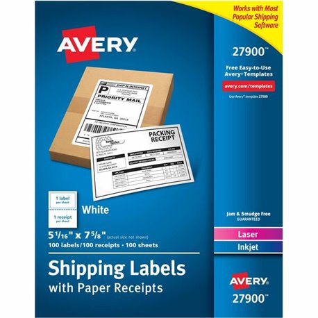 Avery Shipping Labels with Receipt, 5-1/16" x 7-5/8" 100 Count (27900) - 7 5/8" Length - Permanent Adhesive - Rectangle - Laser,