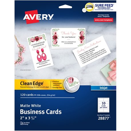 Avery Clean Edge Business Cards, 2" x 3.5" , White, 120 (28877) - 110 Brightness - A8 - 2" x 3 1/2" - 93 lb Basis Weight - 254 g