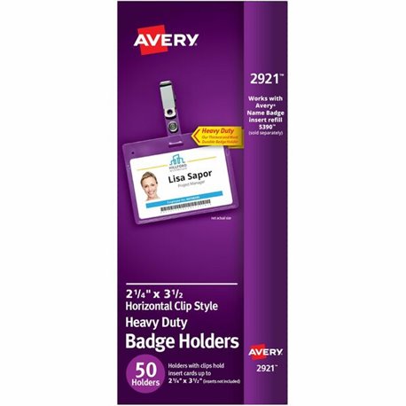 Avery(R) Heavy Duty Badge Holders, 2.25" x 3.5" , 50 Horizontal Name Badge Holders with Clips (2921) - Avery(R) Heavy Duty Badge