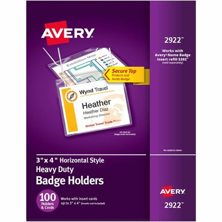 Avery(R) Heavy Duty Badge Holders, 3" x 4" , 100 Horizontal ID Badge Holders with Cords (2922) - Avery(R) Heavy Duty Badge Holde