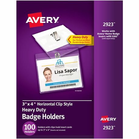 Avery(R) Heavy Duty Badge Holders, 3" x 4" , 100 Horizontal ID Badge Holders with Clips (2923) - Avery(R) Heavy Duty Badge Holde