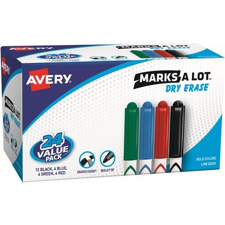 Avery Pen-Style Dry Erase Markers - Bullet Marker Point Style - Black, Red, Blue, Green - 24 / Box