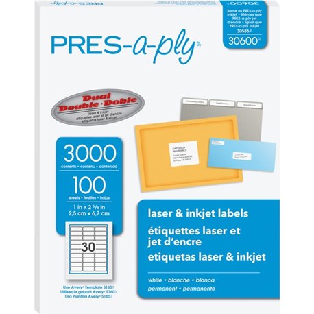 PRES-a-ply Labels - 1" Width x 2 5/8" Length - Permanent Adhesive - Rectangle - Laser, Inkjet - White - 3000 / Box