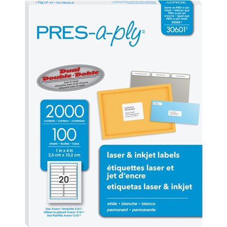 PRES-a-ply White Labels - 1" Width x 4" Length - Permanent Adhesive - Rectangle - Laser, Inkjet - White - Paper - 20 / Sheet - 1