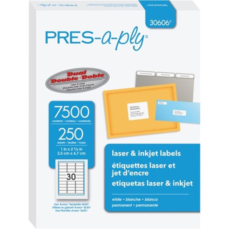 PRES-a-ply Labels - 1" Width x 2 5/8" Length - Permanent Adhesive - Rectangle - Laser, Inkjet - White - Paper - 30 / Sheet - 250