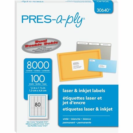 PRES-a-ply Address Label - Permanent Adhesive - Rectangle - Laser, Inkjet - White - Paper - 80 / Sheet - 100 Total Sheets - 8000