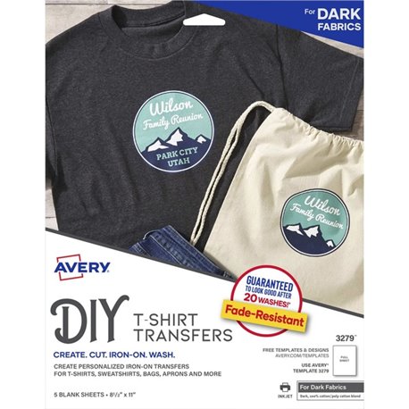 Avery Heat Transfers for Dark Fabric, 8.5" x 11" , 5 Sheets (3279) - Letter - 8 1/2" x 11" - Matte - 5 / Pack