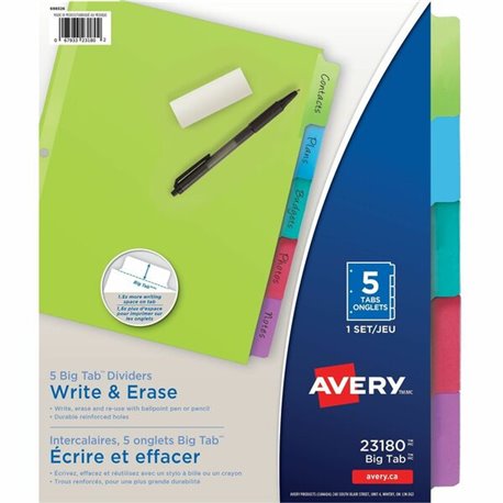 Avery Big Tab Write & Erase Dividers 5 tabs, 1 set - 5 x Divider(s) - 5 Write-on Tab(s) - 5 - 5 Tab(s)/Set - 8.5" Divider Width 
