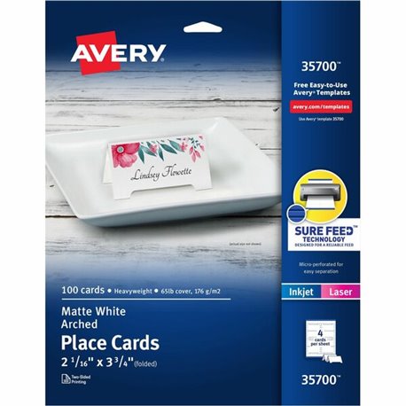 Avery Sure Feed Arched Tent Cards - 97 Brightness - 3 3/4" x 2 1/16" - 65 lb Basis Weight - 176 g/m&178 Grammage - Matte - 5 / P