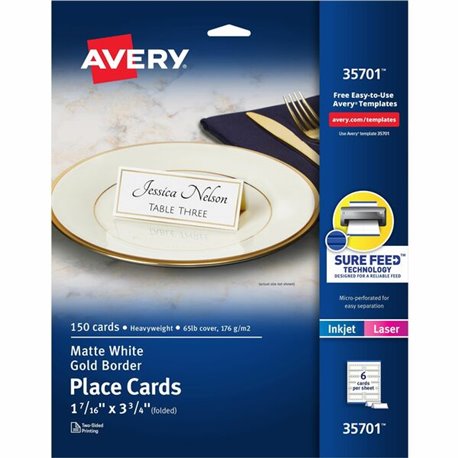 Avery Place Cards With Gold Border 1-7/16" x 3-3/4" , 65 lbs. 150 Cards - 97 Brightness - 3 3/4" x 1 7/16" - 65 lb Basis Weight 