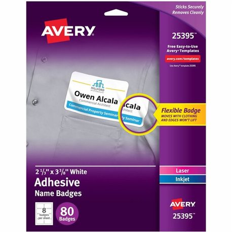 Avery Adhesive Name Badges - 2 21/64" Height x 3 3/8" Width - Removable Adhesive - Rectangle - Laser, Inkjet - Matte - White - F
