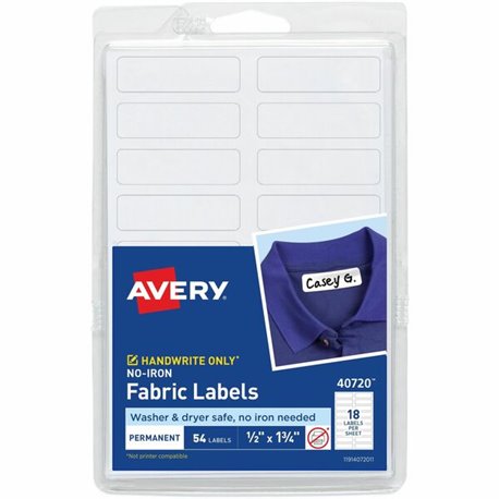 Avery No-Iron Fabric Labels - Permanent Adhesive - Rectangle - White - Film - 18 / Sheet - 54 Total Sheets - 972 Total Label(s) 