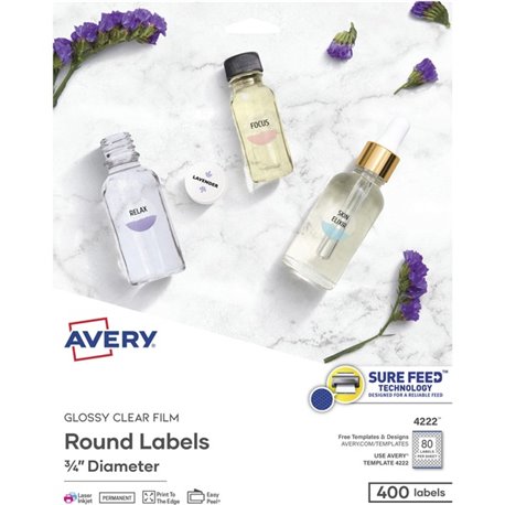 Avery Sure Feed Glossy Clear Round Labels - - Width3/4" Diameter - Permanent Adhesive - Round - Laser, Inkjet - Crystal Clear - 