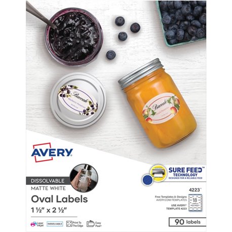 Avery Oval Dissolvable Labels - 1 1/2" Width x 2 1/2" Length - Oval - Laser, Inkjet - White - Paper - 18 / Sheet - 5 Total Sheet