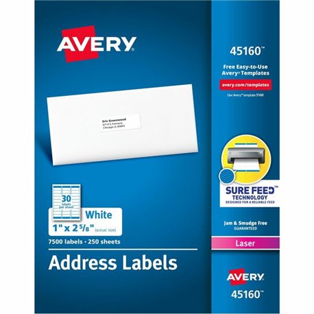 Avery Address Labels - Sure Feed Technology - 1" Width x 2 5/8" Length - Permanent Adhesive - Rectangle - Laser - White - Paper 