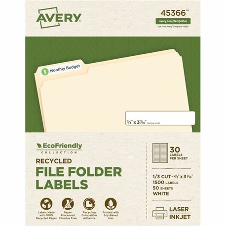 Avery EcoFriendly File Folder Label - 21/32" Width - Permanent Adhesive - Rectangle - Laser, Inkjet - Matte - White - Paper - 30