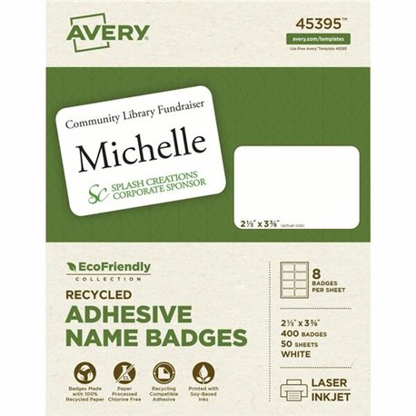 Avery Eco-friendly Premium Name Badge Labels - 2 21/64" Width x 3 3/8" Length - Removable Adhesive - Rectangle - Laser, Inkjet -