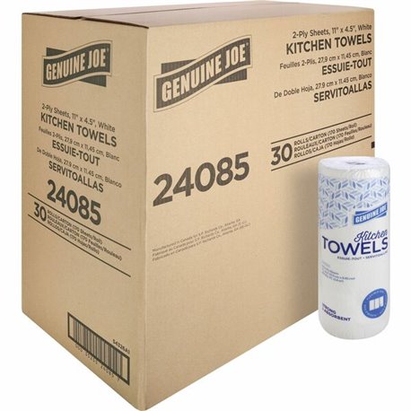 Genuine Joe Kitchen Roll Flexible Size Towels - 2 Ply - 1.63" Core - White - Paper - 30 / Carton