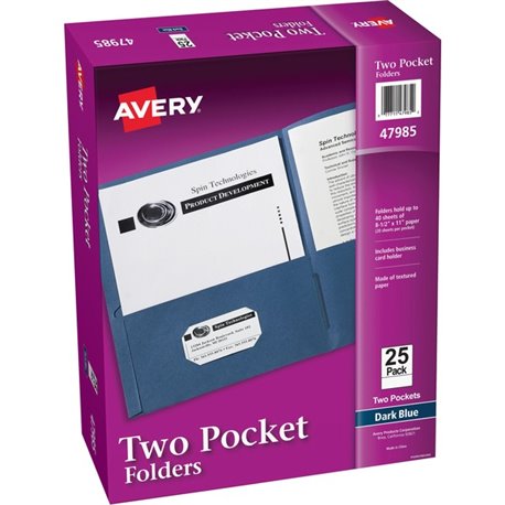 Avery Letter Pocket Folder - 8 1/2" x 11" - 40 Sheet Capacity - 2 Internal Pocket(s) - Paper - Dark Blue - 0% Recycled - 25 / Bo