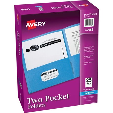 Avery Letter Pocket Folder - 8 1/2" x 11" - 40 Sheet Capacity - 2 Internal Pocket(s) - Paper - Light Blue - 0% Recycled - 25 / B