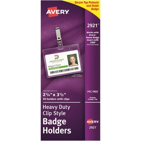 Avery Heavy-Duty Clip Style Badge Holders - Support 3.50" x 2.25" Media - Horizontal - 3.5" x 2.3" - Plastic - 50 / Box - Clear