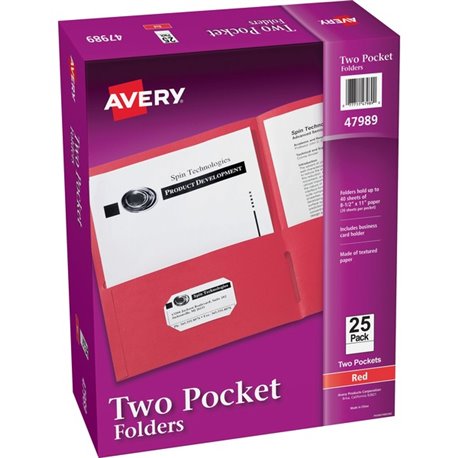 Avery Letter Pocket Folder - 8 1/2" x 11" - 40 Sheet Capacity - 2 Internal Pocket(s) - Paper - Red - 0% Recycled - 25 / Box