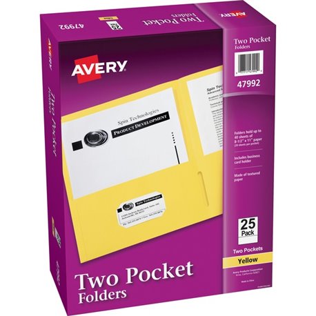 Avery Letter Pocket Folder - 8 1/2" x 11" - 40 Sheet Capacity - 2 Internal Pocket(s) - Paper - Yellow - 0% Recycled - 25 / Box