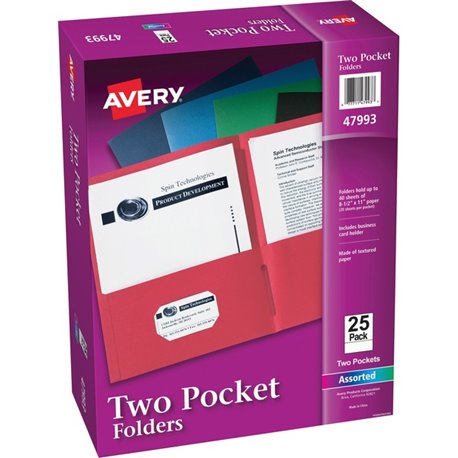 Avery Letter Pocket Folder - 8 1/2" x 11" - 40 Sheet Capacity - 2 Internal Pocket(s) - Paper - Assorted - 0% Recycled - 25 / Box