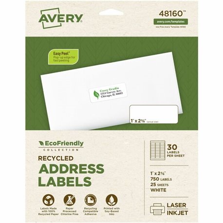 Avery Eco-Friendly Address Labels for Laser and Inkjet Printers, 1" x 2?" - 1" Width x 2 5/8" Length - Permanent Adhesive - Rect