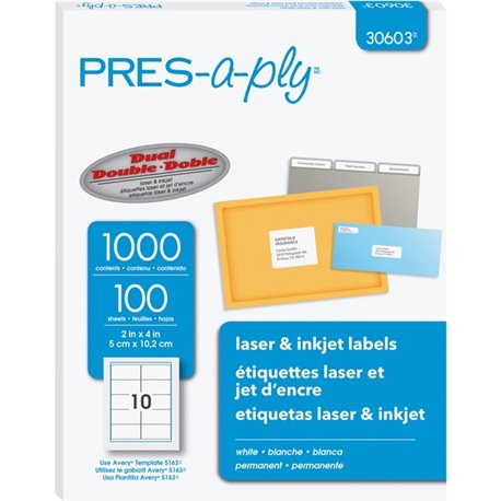 PRES-a-ply White Labels - 2" Width x 4" Length - Permanent Adhesive - Rectangle - Laser, Inkjet - White - Paper - 10 / Sheet - 1