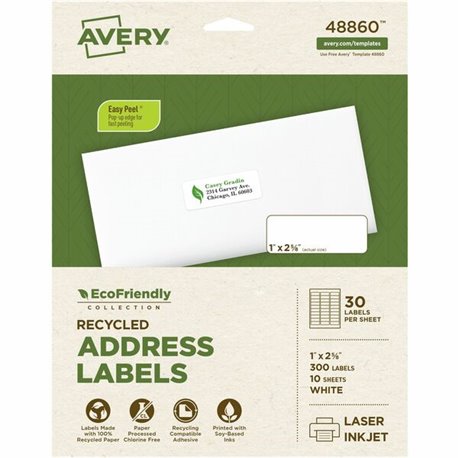 Avery Eco-Friendly Address Labels for Lfor Laser and Inkjet Printers, 1" x 2?" - 1" Width x 2 5/8" Length - Permanent Adhesive -