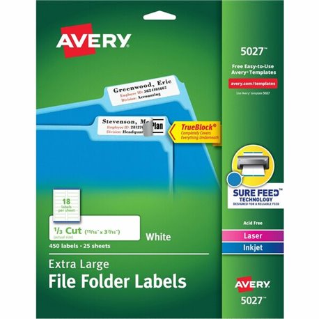 Avery Extra-Large File Folder Labels - 15/16" Width x 3 7/16" Length - Permanent Adhesive - Rectangle - Laser, Inkjet - Matte - 