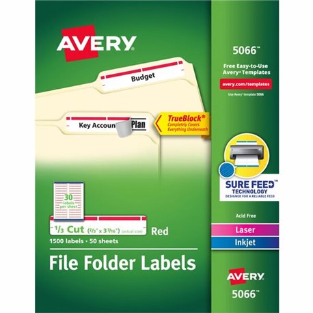 Avery TrueBlock File Folder Labels - 21/32" Width x 7/16" Length - Permanent Adhesive - Rectangle - Laser, Inkjet - Matte - Red 