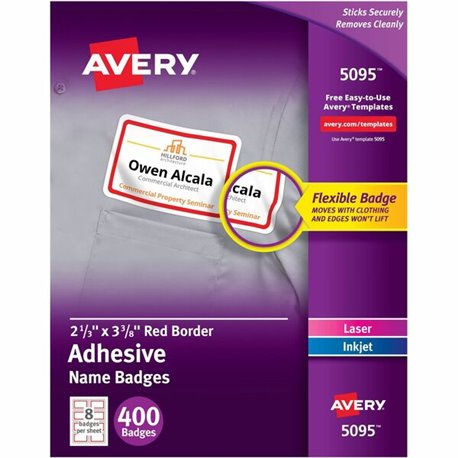 Avery Name Badge Label - 2 21/64" Width x 3 3/8" Length - Removable Adhesive - Rectangle - Laser, Inkjet - White, Red - Film - 8