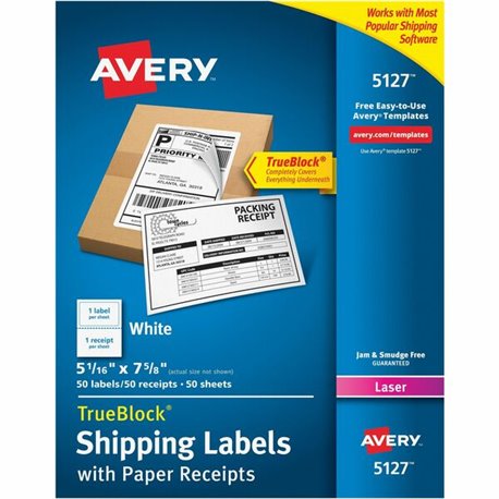 Avery Shipping Labels with Receipt, 5-1/16" x 7-5/8" , 50 Labels (5127) - 7 5/8" Length - Permanent Adhesive - Rectangle - Laser