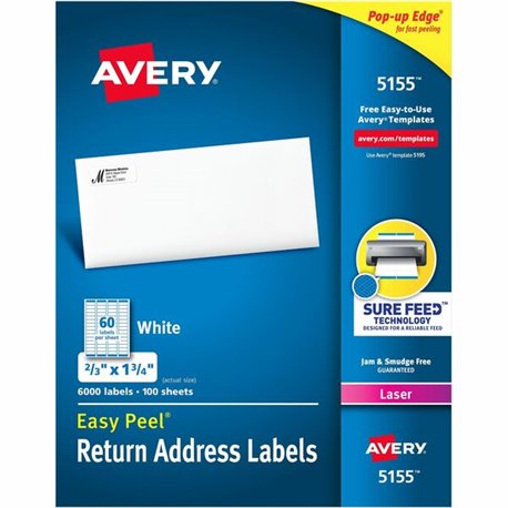 Avery Easy Peel Mailing Laser Labels - 21/32" Width x 1 3/4" Length - Permanent Adhesive - Rectangle - Laser - White - Paper - 6