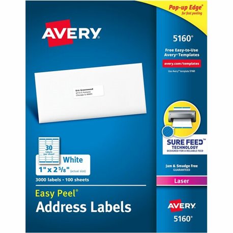 Avery Easy Peel Address Labels with Sure Feed Technology - 1" Width x 2 5/8" Length - Permanent Adhesive - Rectangle - Laser - W