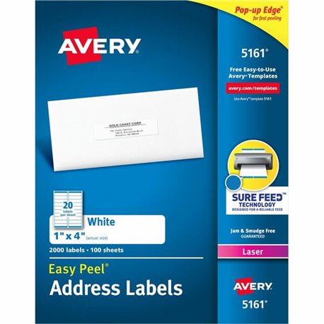 Avery Easy Peel Address Labels with Sure Feed Technology - 1" Width x 4" Length - Permanent Adhesive - Rectangle - Laser - White