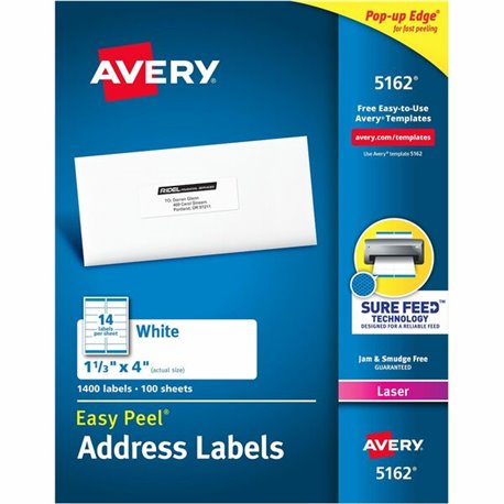 Avery Easy Peel Mailing Laser Labels - 1 21/64" Width x 4" Length - Permanent Adhesive - Rectangle - Laser - White - Paper - 14 