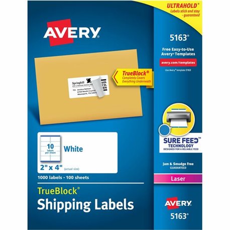 Avery Shipping Labels, Sure Feed, 2" x 4" 1,000 White Labels (5163) - 2" Width x 4" Length - Permanent Adhesive - Rectangle - La