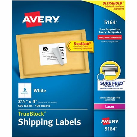 Avery Shipping Labels, Sure Feed, 3-1/3" x 4" , 600 White Labels (5164) - 3 21/64" Width x 4" Length - Permanent Adhesive - Rect