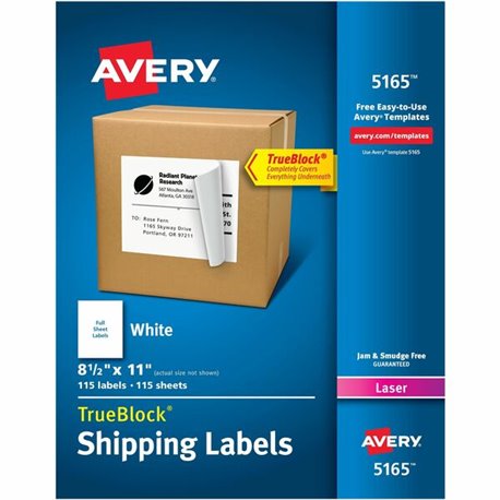 Avery Shipping Labels, Permanent Adhesive, 8-1/2" x 11" , 100 Labels (5165) - 8 1/2" Width x 11" Length - Permanent Adhesive - L