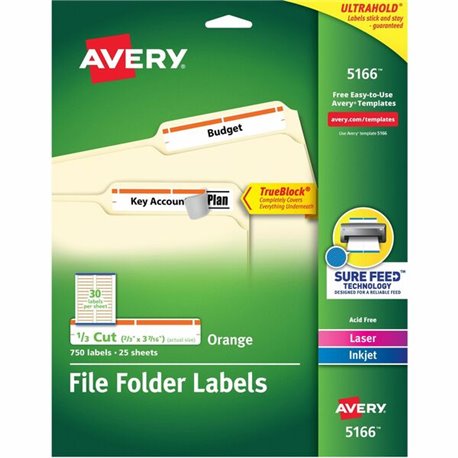 Avery TrueBlock File Folder Labels - 21/32" Width x 7/16" Length - Permanent Adhesive - Rectangle - Laser, Inkjet - Matte - Oran