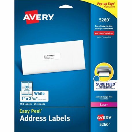 Avery Easy Peel Address Labels - 1" Width x 2 5/8" Length - Permanent Adhesive - Rectangle - Laser - White - Paper - 30 / Sheet 