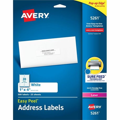 Avery Easy Peel Address Labels - 1" Width x 4" Length - Permanent Adhesive - Rectangle - Laser - White - Paper - 20 / Sheet - 25