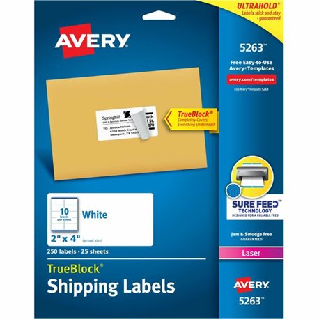 Avery Shipping Labels, Sure Feed, 2" x 4" , 250 Labels (5263) - 2" Width x 4" Length - Permanent Adhesive - Rectangle - Laser - 